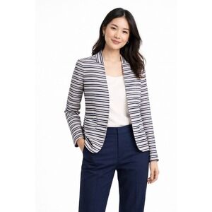 LOFT Striped Linen Blend Open Front Peplum Blazer Navy Tan 6 Preppy Chic 48-0035